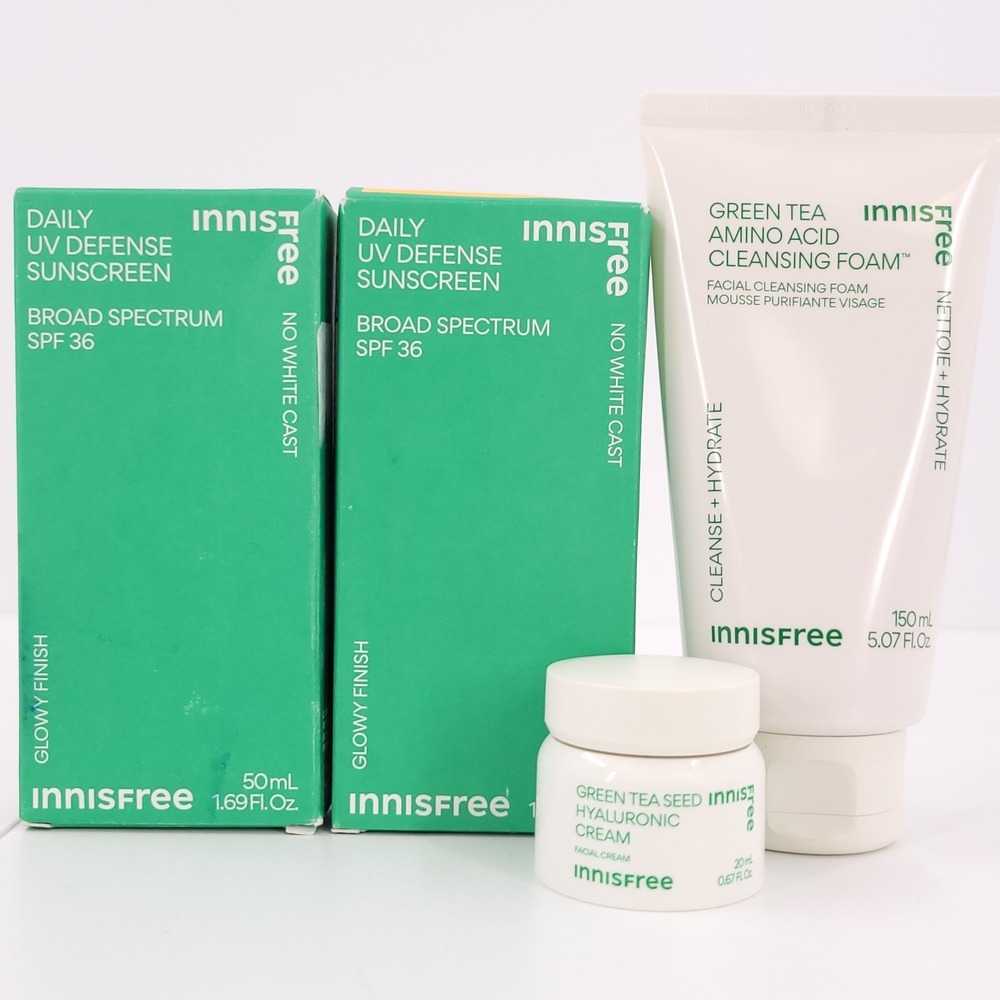 Innisfree Sunscreen Green‎ Tea Cleansing Foam Hyaluronic Cream SPF 36 Set 4 NEW